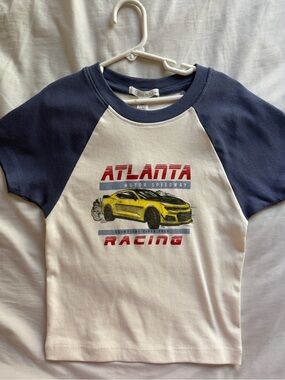 Full Tilt White & Navy Raglan Tee with Yellow Race Car Graphic